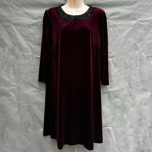 Betsey Johnson Size 10 Red Wine Dress Beaded Peter Pan Collar Long Sleeve